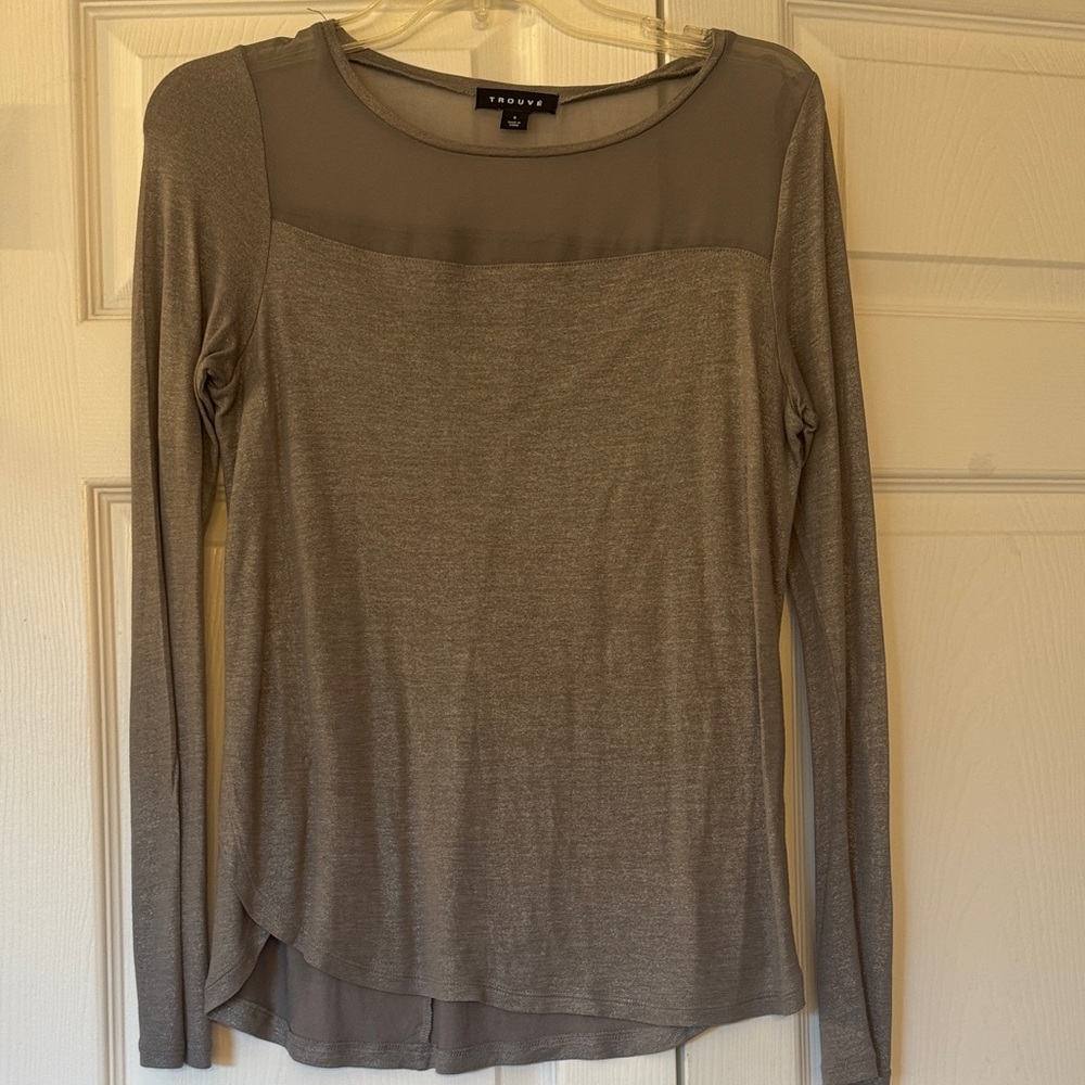 Trouvé Metallic Long-Sleeve Sheer Yoke Top in Gray Shimmer